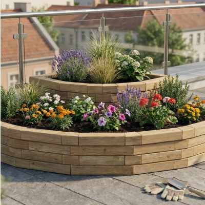 Kaskádovitý čtvrtkruhový vyvýšený záhon  / 2,25 x 2,25 x 0,45m
