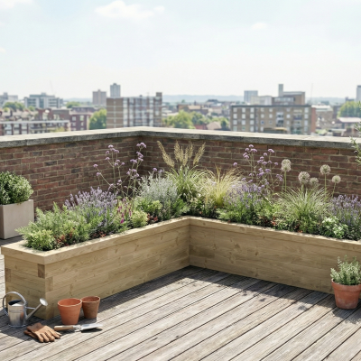 Úzký vyvýšený záhon ve tvaru L / 2,625 x 2,25 x 0,45 x 0,45 x 0,45m
