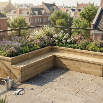 Velký záhon tvaru L s posezením / 3,75 x 3,75 x 0,65m