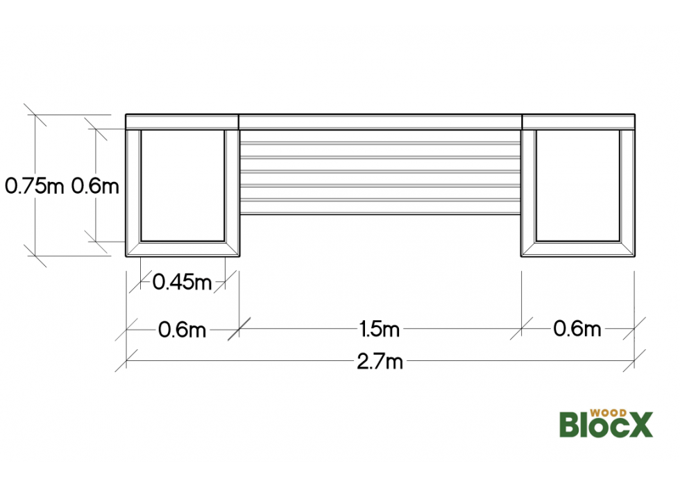 Široká lavička se dvěma truhlíky / 2,7 x 0,75 x 0,85m