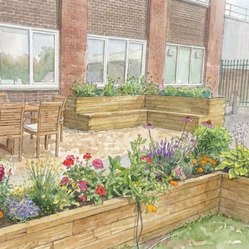 Vyvýšená lavička tvaru L s truhlíkem